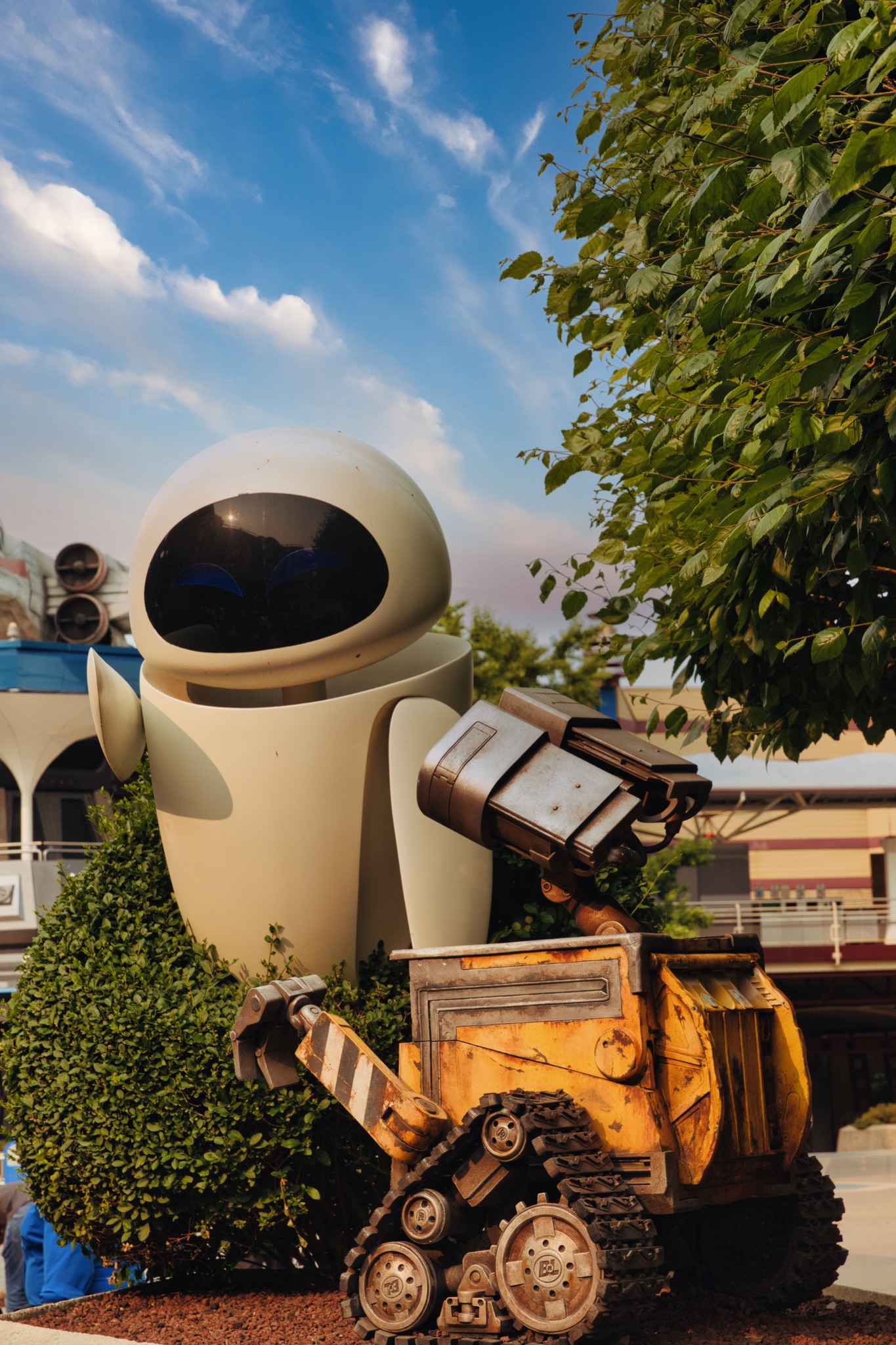 WALL-E and EVE Statues Outdoor Display at Disneyland Paris, France.